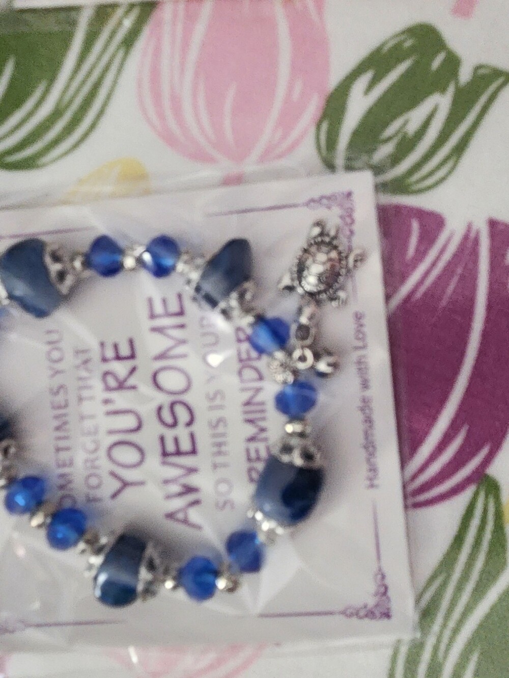 Handmade Blue Natural Stone/Beaded Turtle Charm Bracelet - Silver Accent